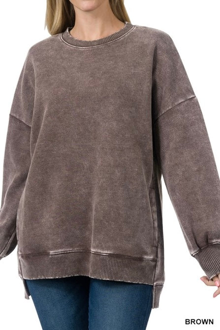 Acid Wash Fleece High/Low Pocket Pullover