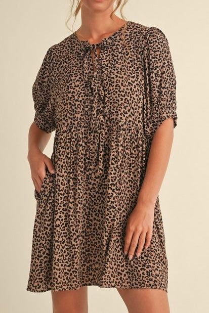 Leopard Front Tie Knee Dress