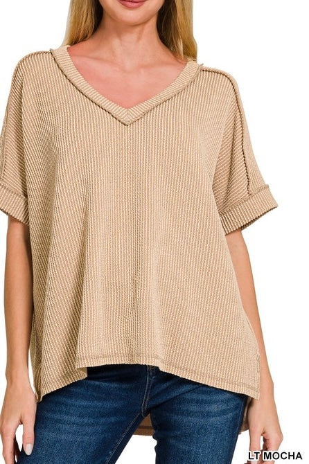 V-Neck Short Sleeve Ribbed Top