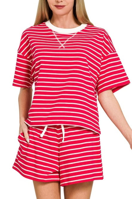Short Sleeve Crewneck Stripe Shorts Set