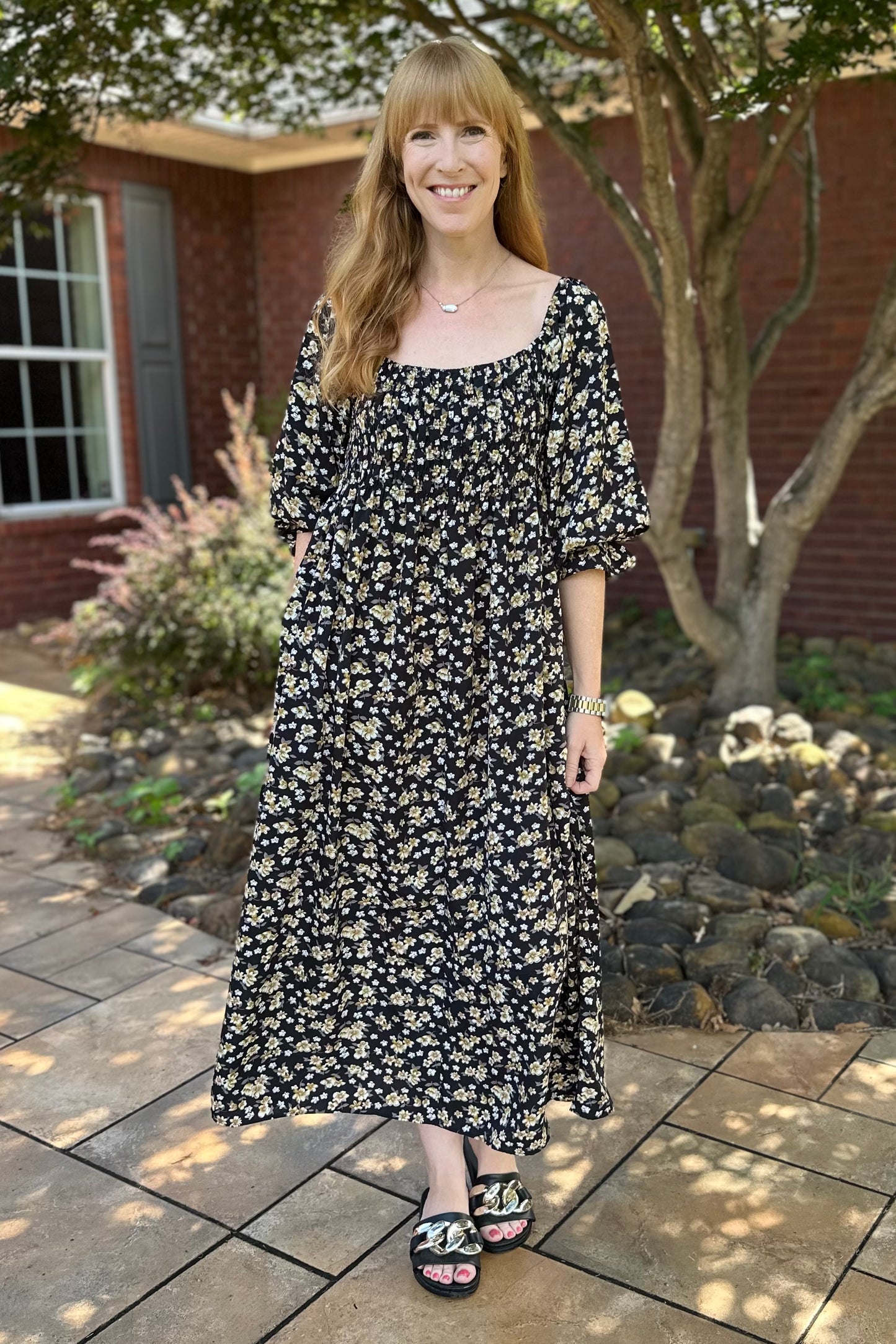 On & Off Shoulder Smocked Floral Midi Dress w Pockets