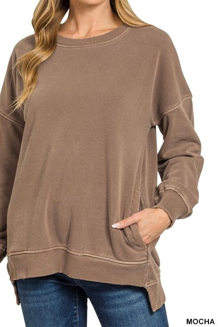 Pigment Dyed Fleece High Low Pocket Sweatshirt