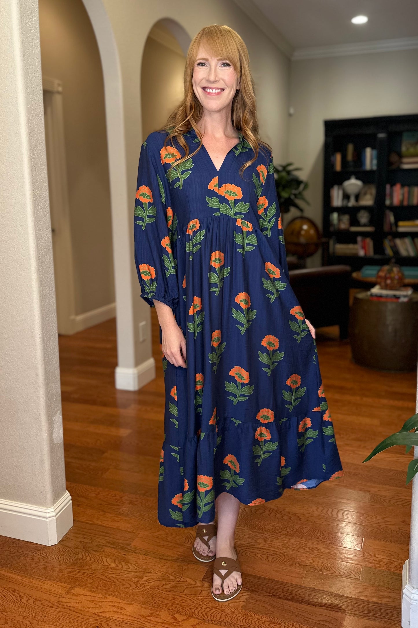 Navy/Rust/Green Floral Midi V-Neck Dress