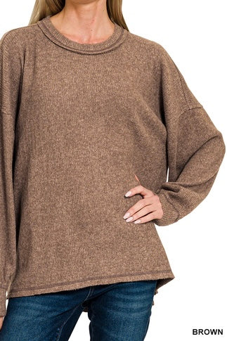 Brushed Ribbed Reverse Seam Drop Shoulder Top