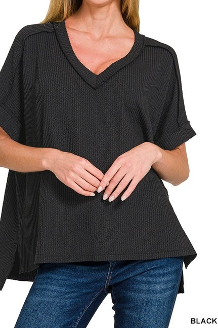 V-Neck Short Sleeve Ribbed Top
