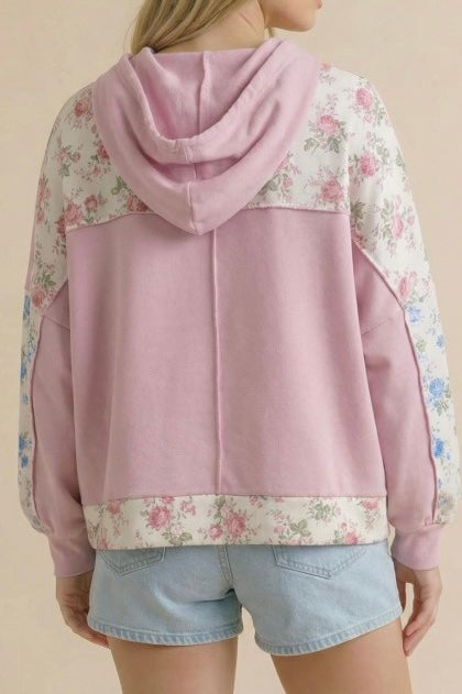 Light Pink Floral Color Block Knit Top With Hoodie