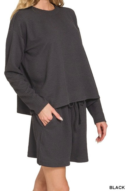 Long Sleeve Ribbed Drawstring Shorts Set