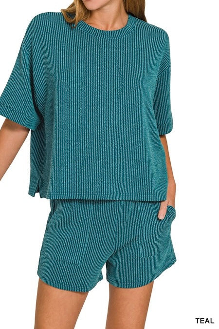 Ribbed Drawstring Shorts Set
