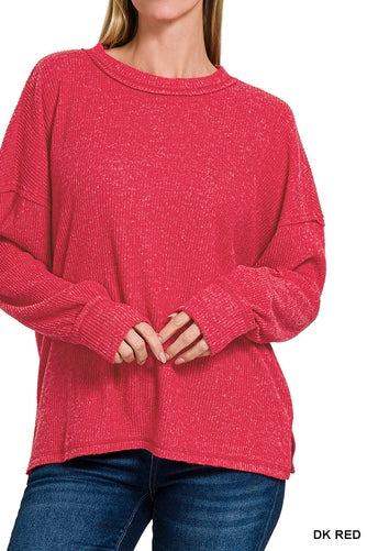 Brushed Ribbed Reverse Seam Drop Shoulder Top
