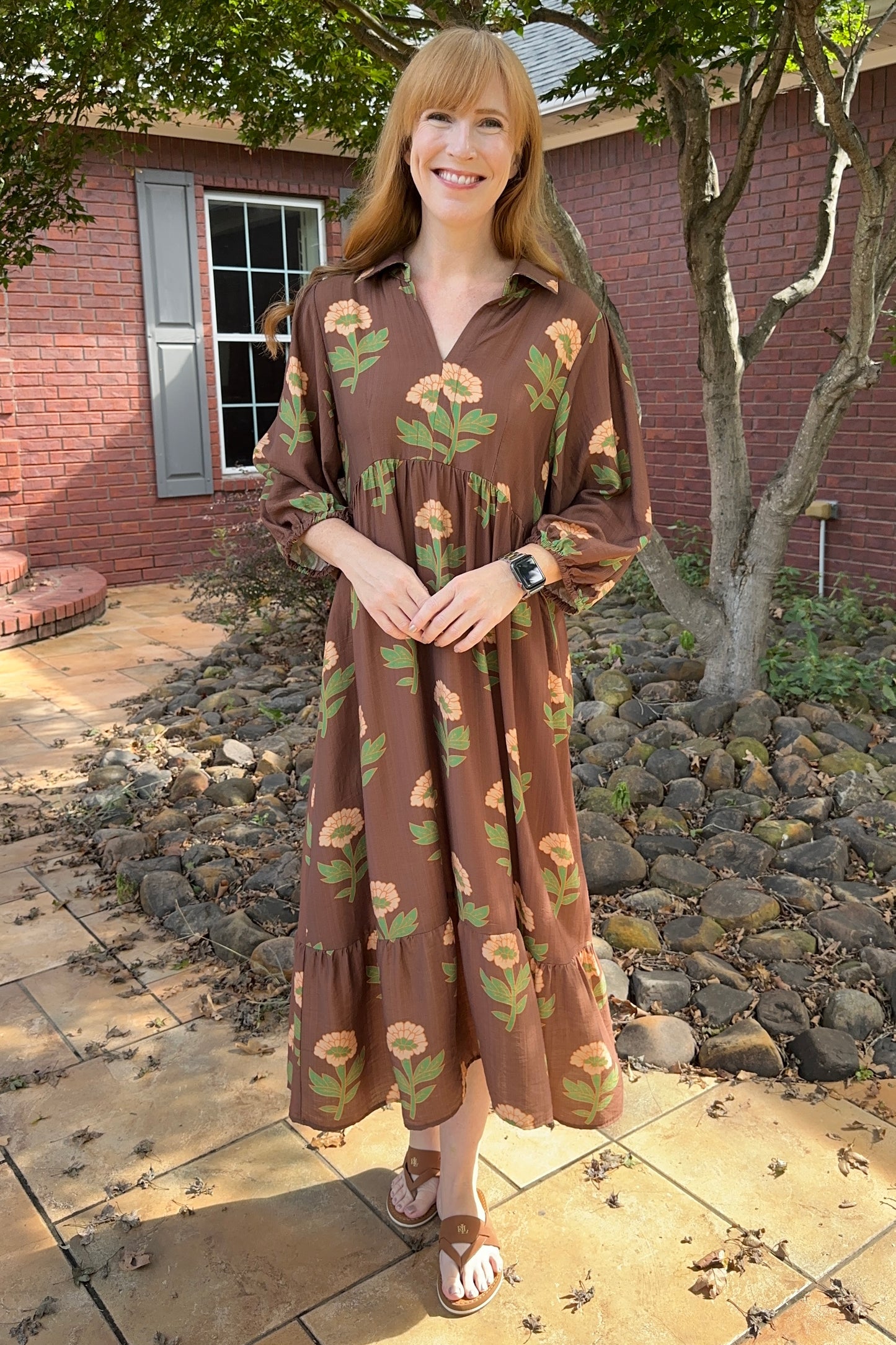 Brown/Rust/Green Floral Midi V-Neck Dress