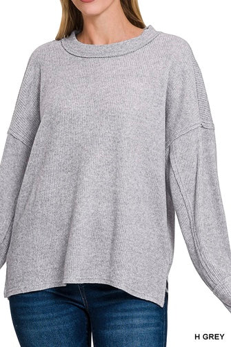 Brushed Ribbed Reverse Seam Drop Shoulder Top