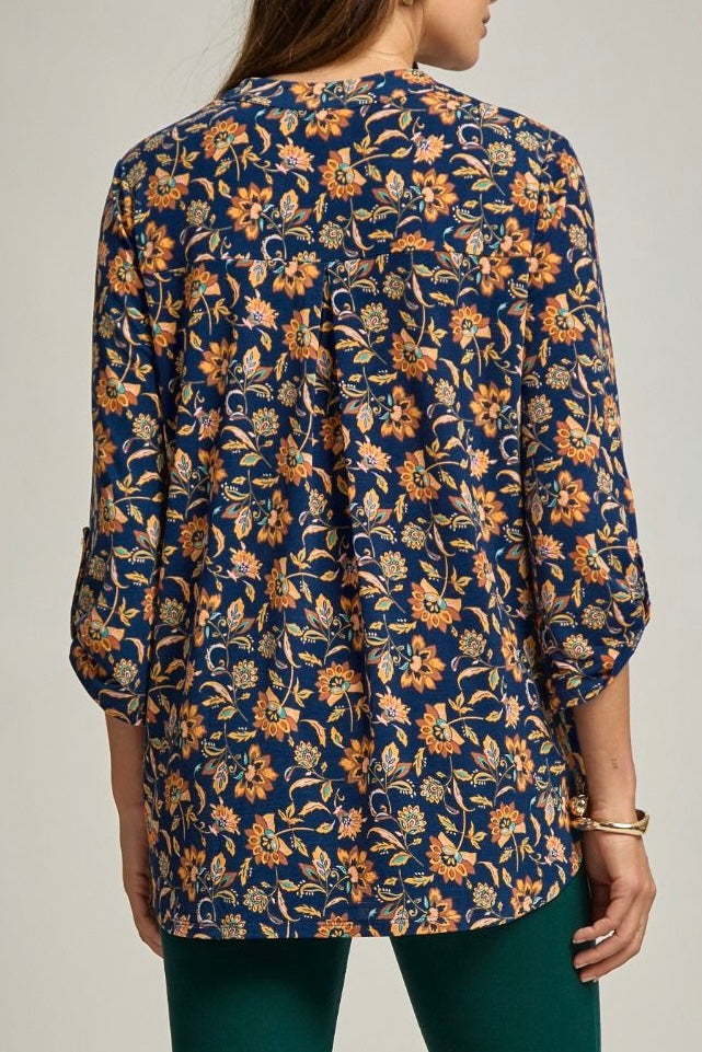 Navy/Rust Floral 3/4 Rolled Tab Anti-Wrinkle Top