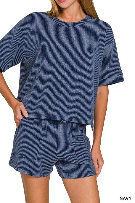 Ribbed Drawstring Shorts Set