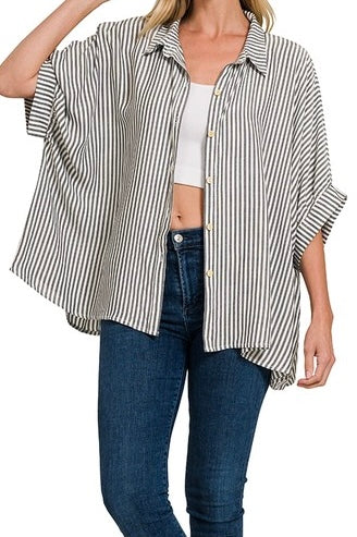 Black Pinstripe Oversized Button Down Half Sleeve Top