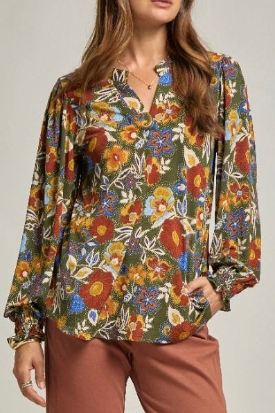 Olive/Mustard Floral Long Sleeve Smocked Cuff Anti- Wrinkle Top