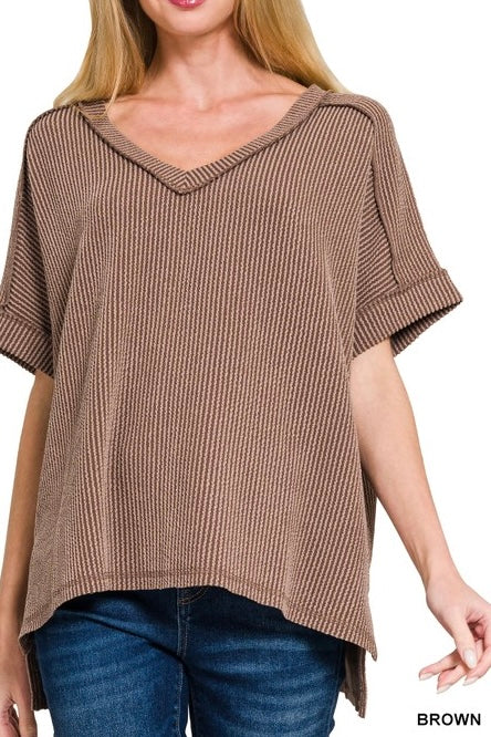 V-Neck Short Sleeve Ribbed Top