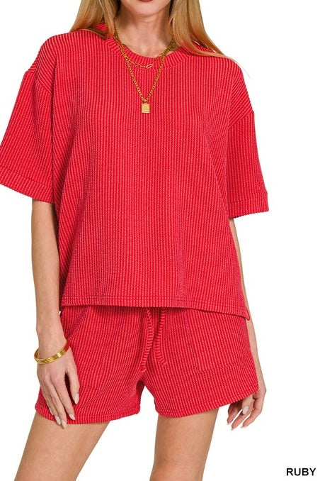 Ribbed Drawstring Shorts Set