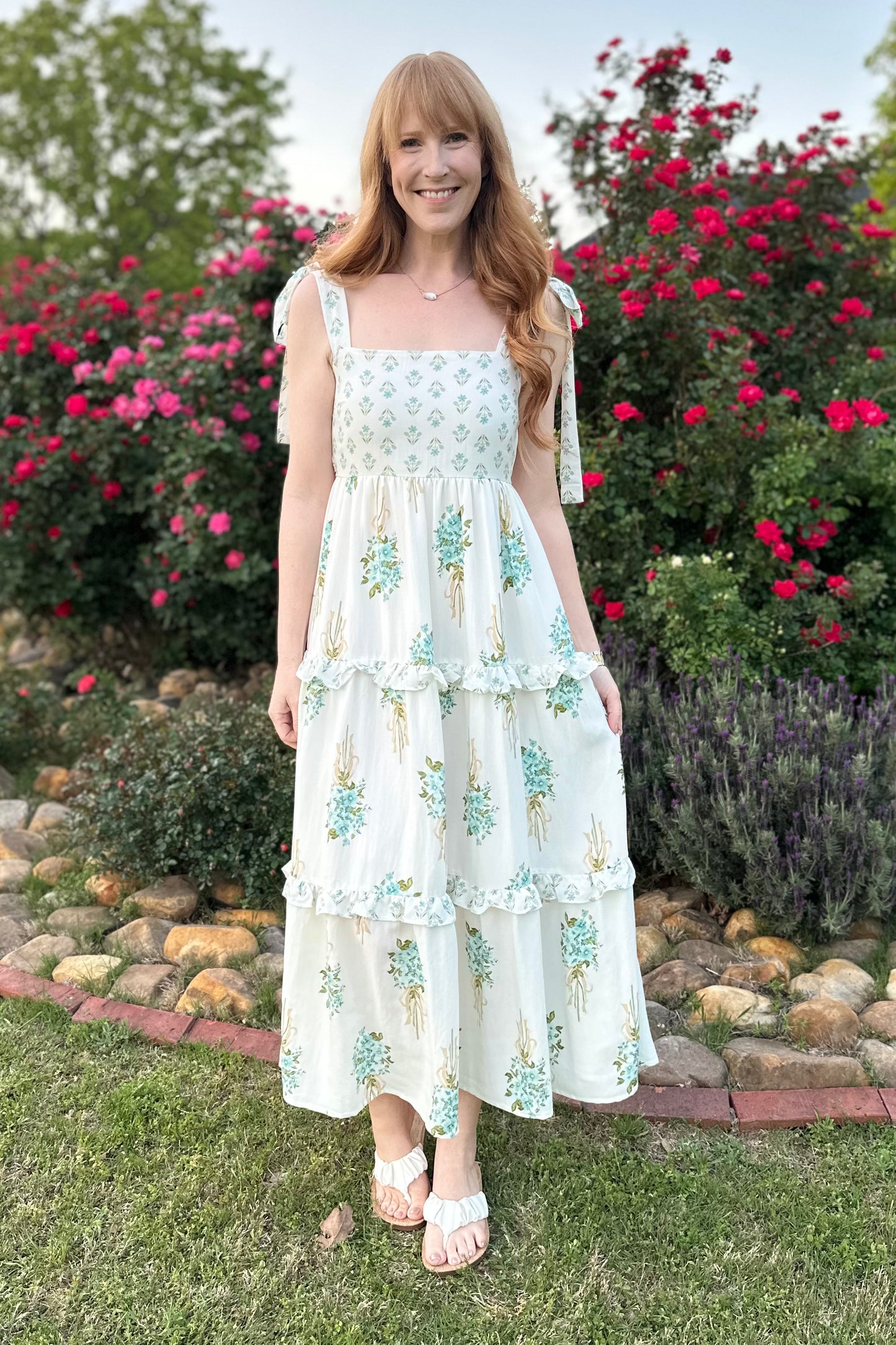 Floral Bouquet Shoulder Tie Tiered Dress