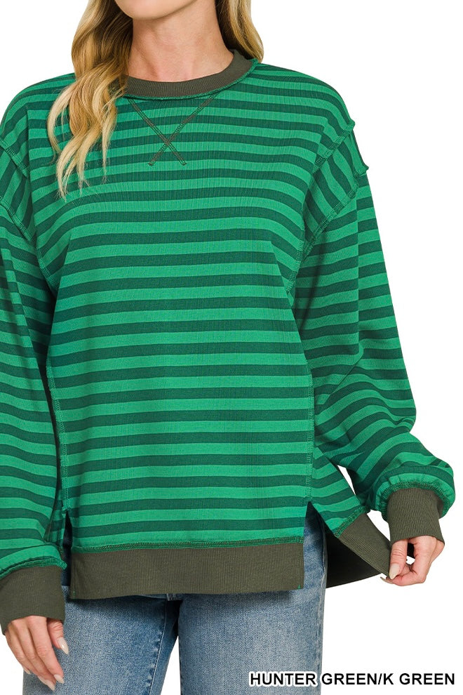 Zenana French Terry Stripe Reverse Seam Pullover
