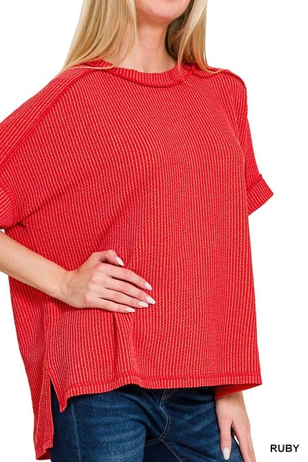 Short Sleeve Raised Ribbed Crew Neck Top