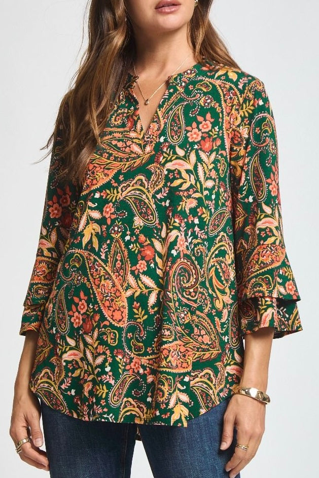 Hunter/Gold Flora 3/4 Bell Sleeve Anti-Wrinkle Top