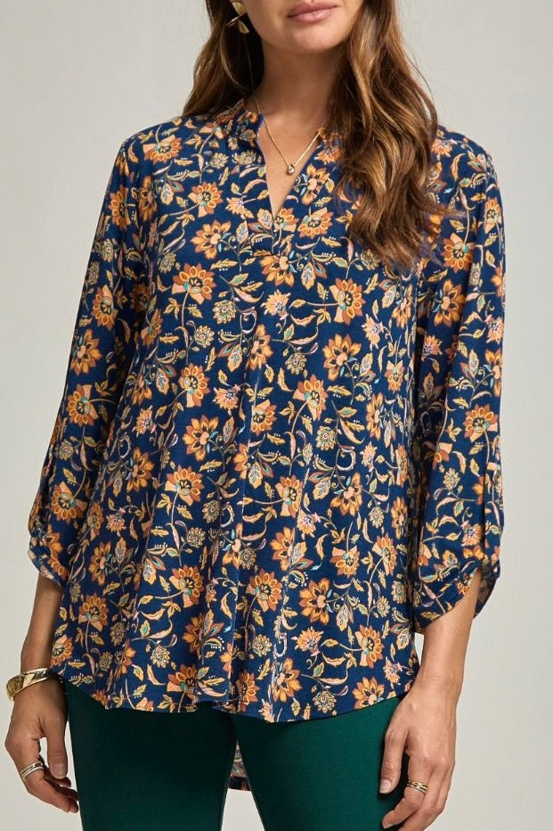 Navy/Rust Floral 3/4 Rolled Tab Anti-Wrinkle Top