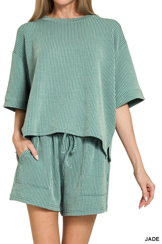 Zenana Raised Ribbed Half Sleeve Drawstring Shorts Set