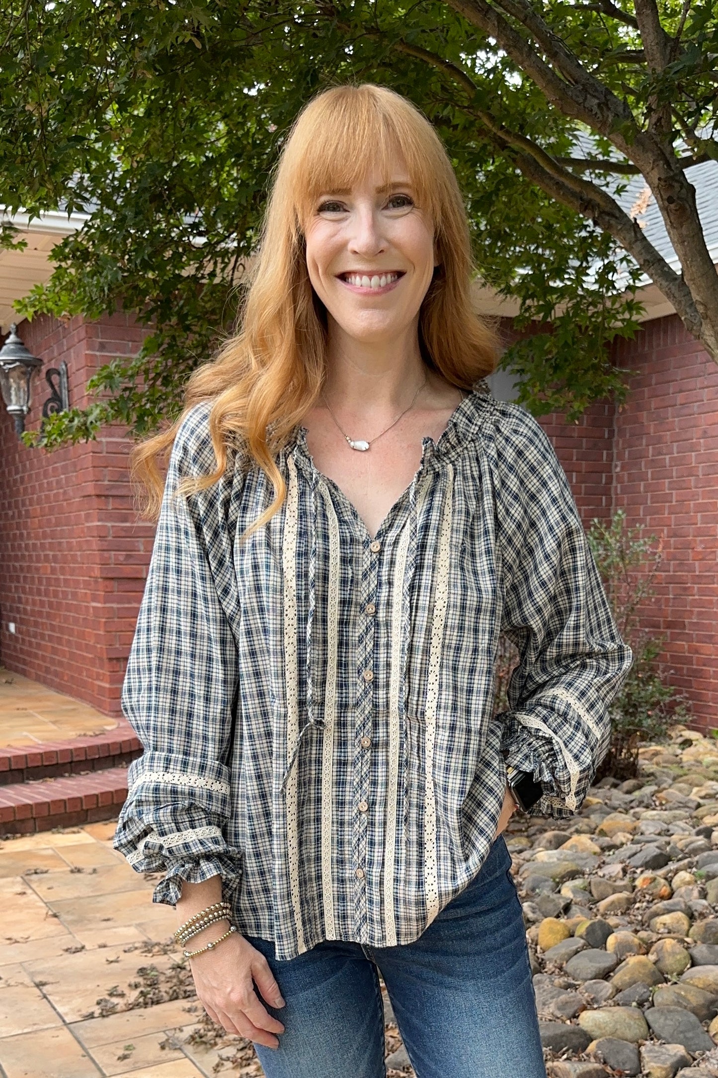 Navy Plaid Lace Trim Top
