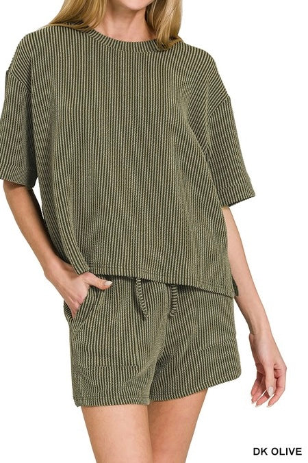 Ribbed Drawstring Shorts Set