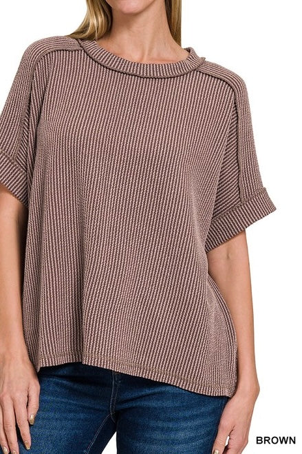 Ribbed Short Sleeve Raw Edge Raglan