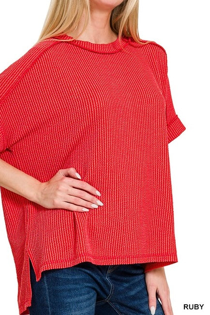 Ribbed Short Sleeve Raw Edge Raglan