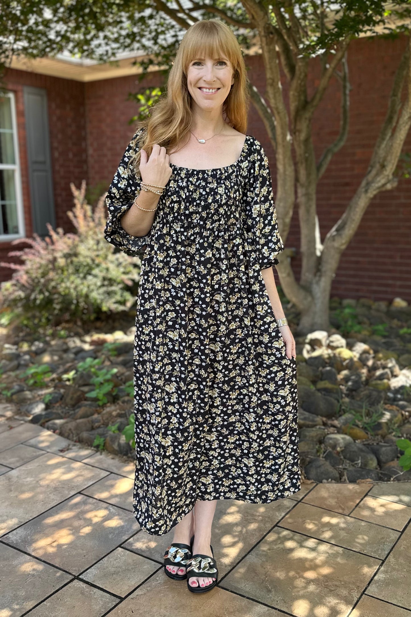 On & Off Shoulder Smocked Floral Midi Dress w Pockets