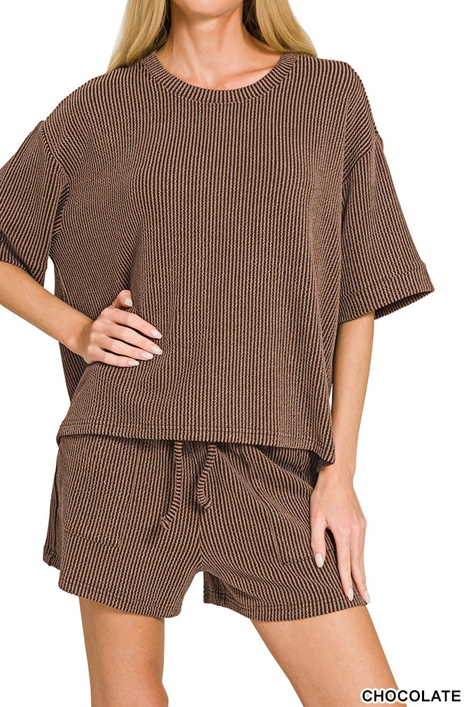 Zenana Raised Ribbed Half Sleeve Drawstring Shorts Set