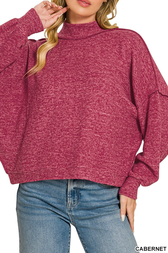 Zenana Brushed Melange Hacci Reverse Seam Pullover