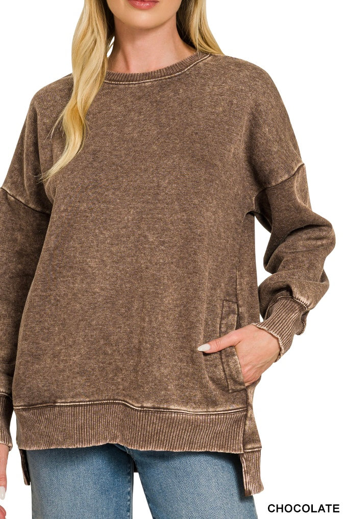 Zenana Acid Wash High/Low Pocket Sweatshirt