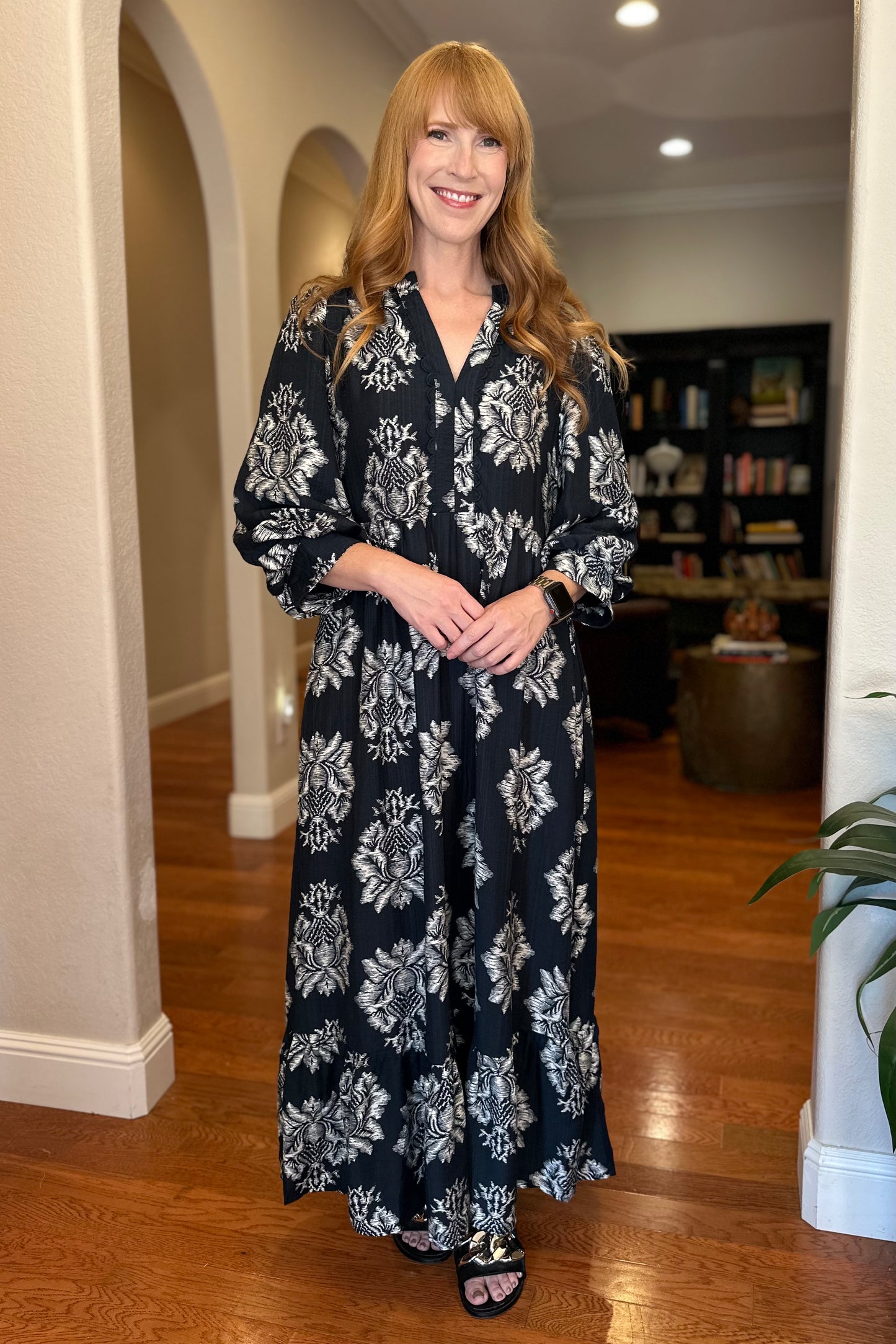 Navy Boho Floral Midi Dress