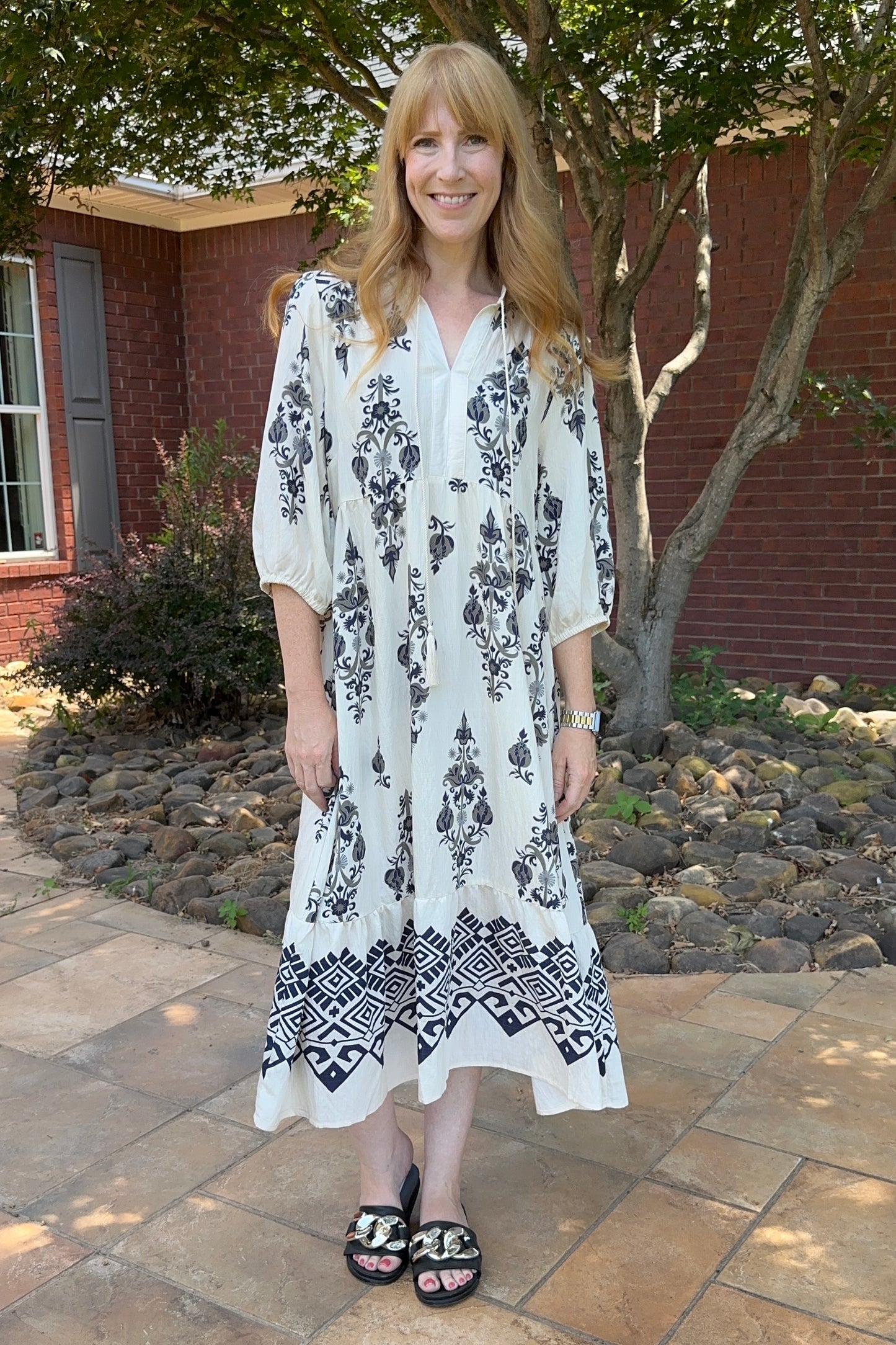 Cream Floral Print Midi Dress