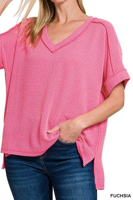 V-Neck Short Sleeve Ribbed Top