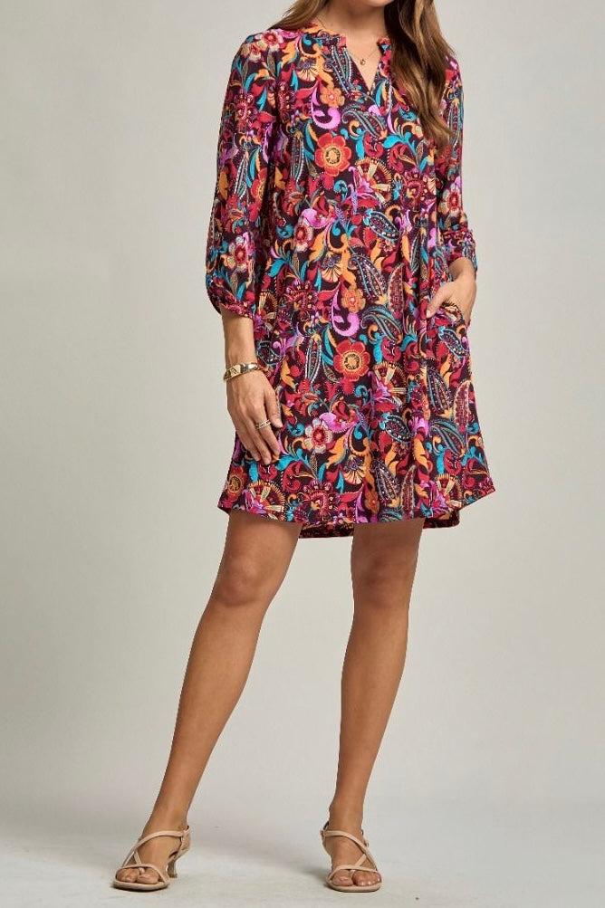 Bright Floral 3/4 Sleeve Dress