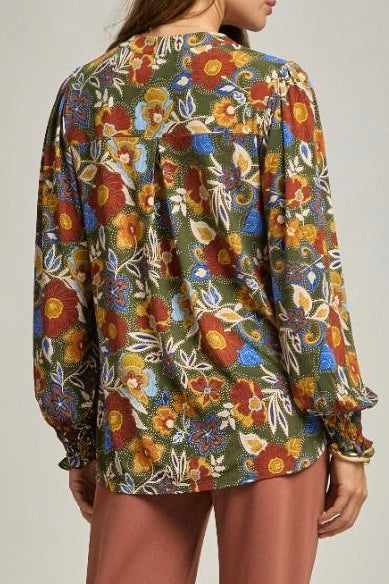Olive/Mustard Floral Long Sleeve Smocked Cuff Anti- Wrinkle Top