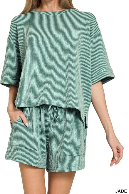 Ribbed Drawstring Shorts Set