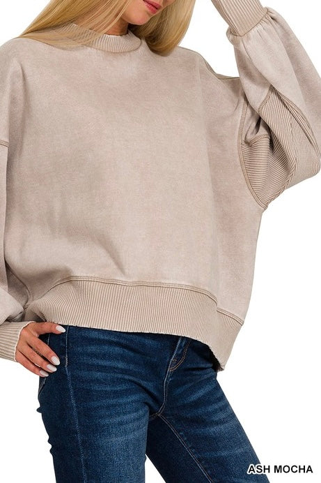 Acid Wash Side Ribbed Oversized Sweatshirt