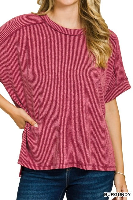 Ribbed Short Sleeve Raw Edge Raglan