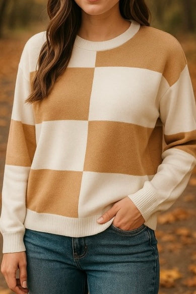 Taupe/White Checkered Pullover Sweater