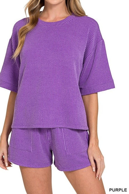 Raised Ribbed Half Sleeve Drawstring Shorts Set