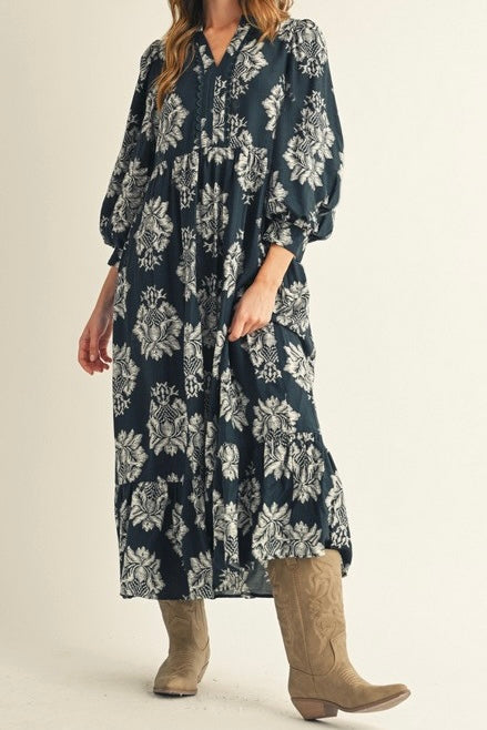 Navy Boho Floral Midi Dress