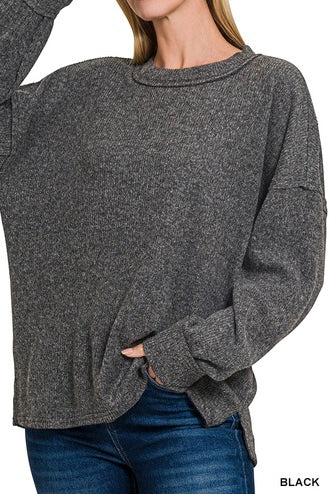 Brushed Ribbed Reverse Seam Drop Shoulder Top