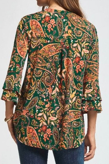 Hunter/Gold Flora 3/4 Bell Sleeve Anti-Wrinkle Top