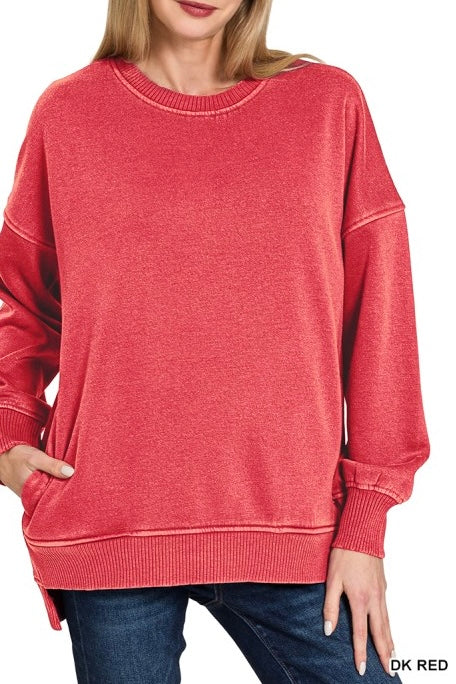 Pigment Dyed Fleece High Low Pocket Sweatshirt