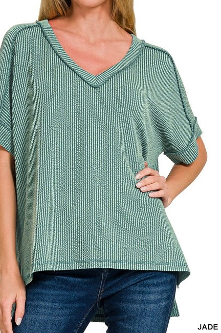V-Neck Short Sleeve Ribbed Top